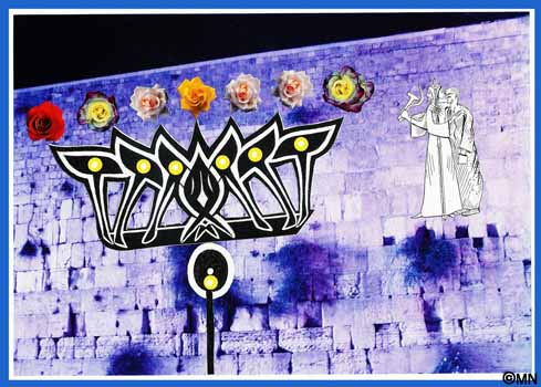 Joodse Klaagmuur met een op de letter Shin gebaseerde kandelaar (Menorah)